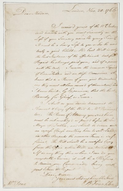 Handgeschreven brief aan mevrouw Ann Penn, Londen, 20 november 1766 door Benjamin Franklin