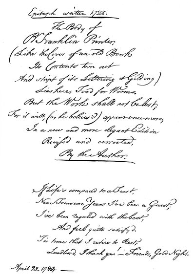 Benjamin Franklins grafschrift, door hemzelf geschreven, 1728, 1840 door Benjamin Franklin