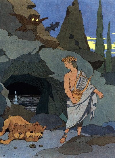 Orpheus en zijn lier brengen Cerberus, de hond met drie hoofden, in slaap door Benjamin Rabier