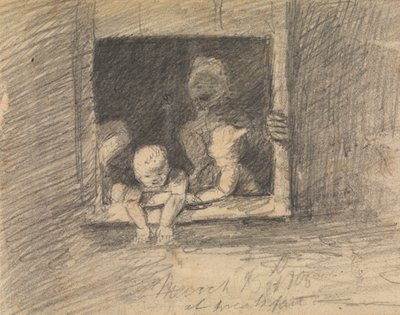 Kinderen leunen uit een raam door Benjamin Robert Haydon