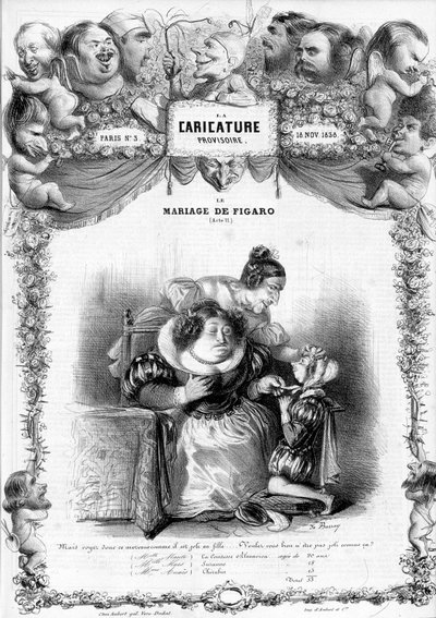 Het huwelijk van Figaro, Acte 11, met de personages Suzanne en de gravin Almaviva: “_ maar zie deze snot hoe mooi als een meisje... zal je niet zo mooi zijn?” illustratie, 1838. door Benjamin Roubaud