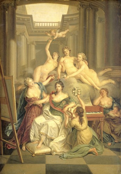 Frederika Sophia Wilhelmina van Pruisen (1751-1820). Vrouw van Prins Willem V, in de Tempel der Kunsten door Benjamin Samuel Bolomey