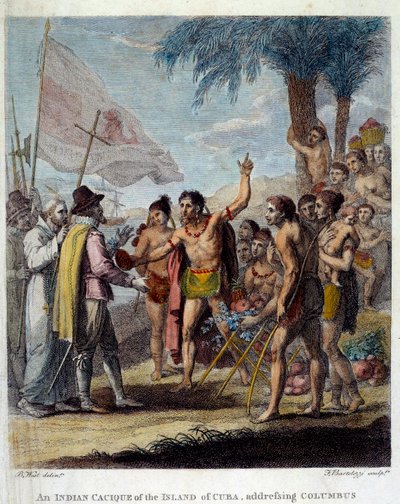 Een Indiase Cacique van het eiland Cuba verwelkomt Christoffel Columbus en Europese militaire en kerkelijke vertegenwoordigers om de oprichting van een nieuwe staat te bespreken door Benjamin West