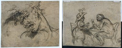 Hoofd van een schreeuwende man (recto) Vrouw en man die kaarten spelen (verso) door Benjamin West
