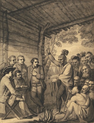 De Indianen Geven een Toespraak aan Kolonel Bouquet in een Conferentie bij een Raadsvuur Nabij zijn Kamp aan de Oevers van de Muskingum in Amerika, in Oktober 1764, 1765 door Benjamin West