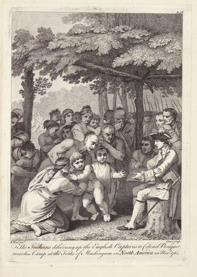 De indianen leveren de Engelse gevangenen uit aan kolonel Bouquet nabij zijn kamp bij de Forks of Muskingham in Noord-Amerika in november 1764 door Benjamin West
