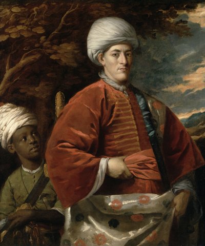 Portret van een heer in oosterse kleding met een oosterse page door Benjamin Wilson