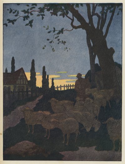 Kudde schapen onder een boom in de schemering door Benjamin Rabier