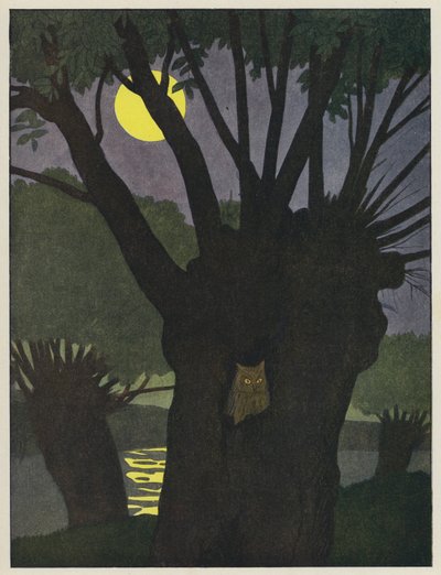 Uil in een boomholte op een maanverlichte nacht door Benjamin Rabier