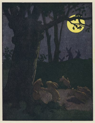 Konijnen onder een boom op een maanverlichte nacht door Benjamin Rabier