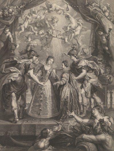 Plaat 17: De uitwisseling van de twee prinsessen in Hendaye, allegorische scène met Anne van..., 1707-10 door Benoit Audran I