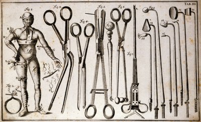 Verschillende soorten tangen en chirurgische instrumenten. Een man draagt verschillende soorten tourniquets en verbanden. Plaat van chirurgie geïllustreerd door Benoist Louis Prevost (1735-1809). 18e eeuw door Benoit Louis Prevost