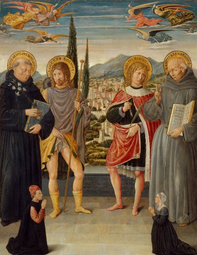 Heiligen Nicolaas van Tolentino, Rochus, Sebastiaan en Bernardinus van Siena door Benozzo Gozzoli