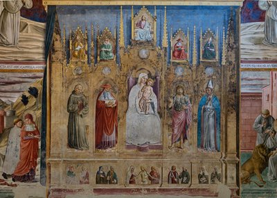 Een nep polyptiek met de Maagd Maria en Kind, S. Antonius van Padua, St. Hiëronymus, St. Jan en St. Lodewijk van Toulouse, Kapel van St. Hiëronymus door Benozzo di Lese di Sandro Gozzoli