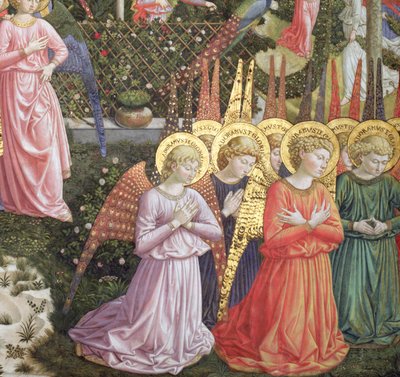 Engelen in een hemels landschap, de linkerwand van de apsis, uit de cyclus van de Reis van de Wijzen in de kapel c.1460 (detail) door Benozzo di Lese di Sandro Gozzoli