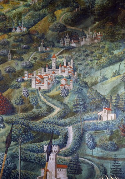 Kastelen, landschapsdetail van Processie van de Wijzen door Benozzo di Lese di Sandro Gozzoli