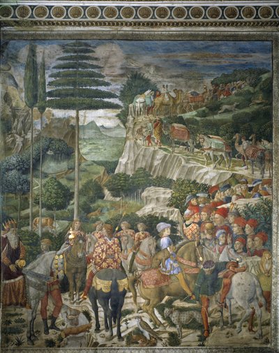 Stoet van de Wijzen met Julien de Medicis en Joseph II, patriarch van Constantinopel door Benozzo di Lese di Sandro Gozzoli