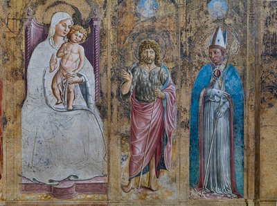 Detail van een nep polyptiek met de Maagd Maria en Kind, S. Antonius van Padua, St. Jan en St. Lodewijk van Toulouse, Kapel van St. Hiëronymus door Benozzo di Lese di Sandro Gozzoli