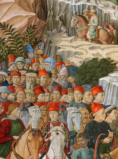 Gezichten in de processie, inclusief een zelfportret van Gozzoli (met een rode pet met de gouden inscriptie: Opus Benotii), (detail) door Benozzo di Lese di Sandro Gozzoli