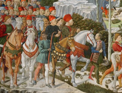 Galeazzo Maria Sforza, Hertog van Milaan (1444-76), uiterst links, op een bruin paard en Sigismondo Pandolfo Malatesta, heerser van Rimini (1417-68) naast hem op een grijs paard, (detail) door Benozzo di Lese di Sandro Gozzoli