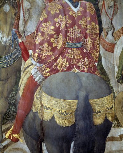Ridder te paard in weelderige kleding, detail (detail) van de Aanbidding der Wijzen (Fresco) door Benozzo di Lese di Sandro Gozzoli