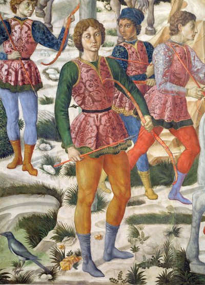 Liveried boogschutters, detail van de Reis van de Wijzen cyclus in de kapel, ca. 1460 (detail) door Benozzo di Lese di Sandro Gozzoli
