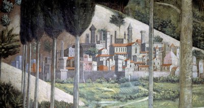 Middeleeuwse stad, detail uit de Reis van de Wijzen-cyclus in de kapel, ca. 1460 (fresco) door Benozzo di Lese di Sandro Gozzoli