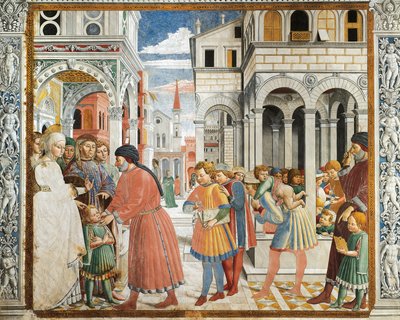 Sint Augustinus door zijn ouders naar de grammaticale leraar in Tagaste gebracht, fresco, Kerk van Sint Augustinus, San Gimignano door Benozzo di Lese di Sandro Gozzoli