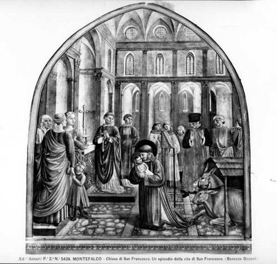 St. Franciscus wiegt de Bambino in Greccio door Benozzo di Lese di Sandro Gozzoli