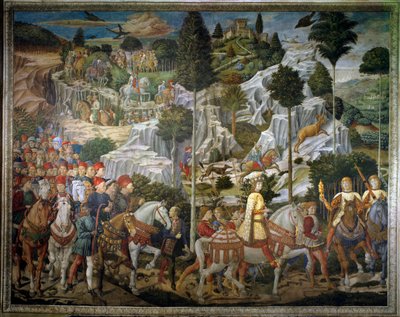 De reis van de Wijzen. Stoet van de Wijzen van Jeruzalem naar Bethlehem, landschap detail. Fresco van de oostmuur van de Kapel van de Wijzen van Benozzo Gozzoli door Benozzo di Lese di Sandro Gozzoli