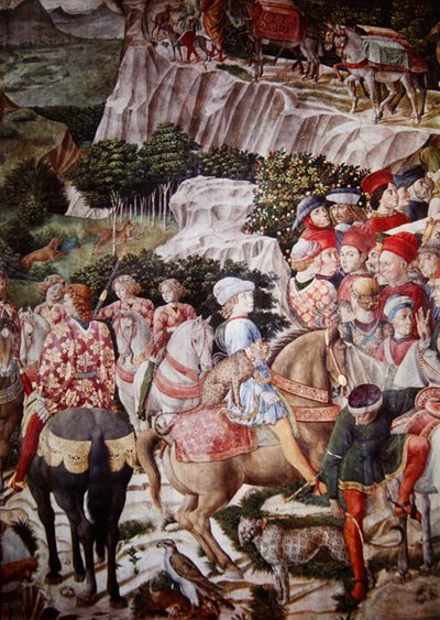 De Processie van de Wijzen, detail van de Ridder met een luipaard in de Processie van Melchior, c.1460 (detail) door Benozzo di Lese di Sandro Gozzoli
