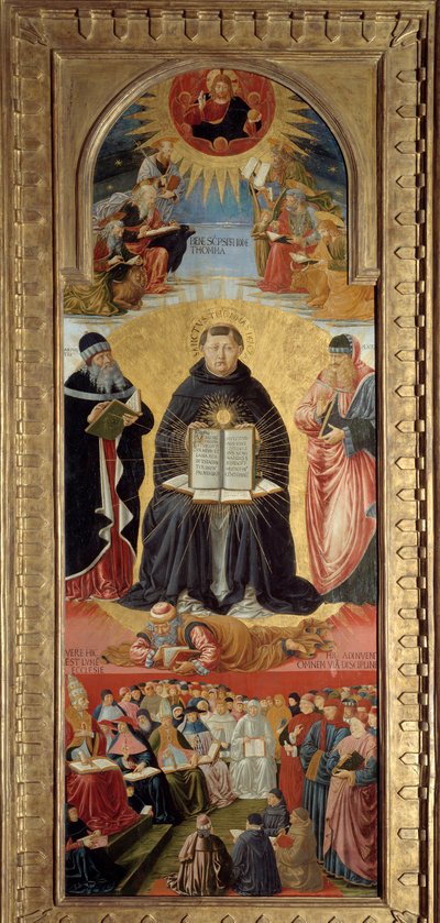 De triomf van Sint-Thomas van Aquino (1225-1274) wordt afgebeeld omringd door Plato (rechts) en Aristoteles, van wie hij de leerling is. Aan zijn voeten ligt Willem van Saint-Amour. Bovenaan Christus die de evangelisten zegent. Hieronder paus Sixtus IV (14 door Benozzo di Lese di Sandro Gozzoli