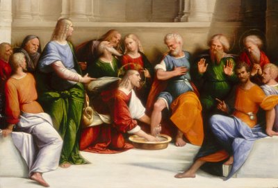 Christus wast de voeten van de discipelen door Benvenuto Tisi da Garofalo