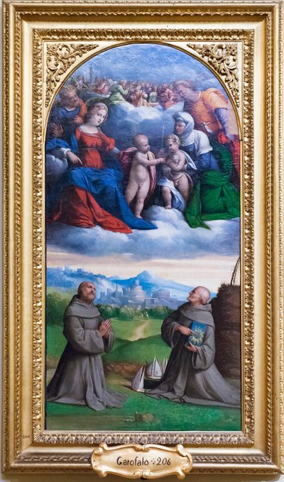 Heilige Familie en heiligen door Benvenuto Tisi da Garofalo