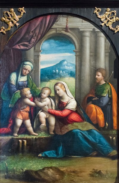 Heilige familie met Sint Johannes en Sint Elisabeth door Benvenuto Tisi da Garofalo