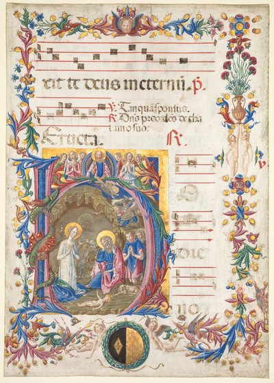 Enkel Blad uit een Antifonarium: Initiaal H[odie nobis] met De Geboorte door Benvenuto di Giovanni
