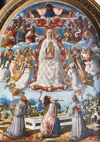 De Tenhemelopneming van de Maagd met Sint Thomas die de Gordel ontvangt tussen de Heiligen Franciscus van Assisi en Antonius van Padua door Benvenuto di Giovanni