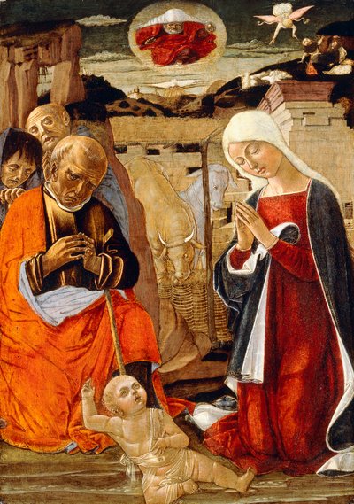 De geboorte van Christus, met de aankondiging aan de herders in de verte door Benvenuto di Giovanni