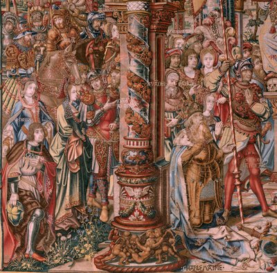 Vlaamse wandtapijt. Serie De Eerbewijzen. Geloof. Eerste wandtapijt in de serie. Model Cartonisten uit de kring van Bernard van Orley en Jan Gossaert (Mabuse). Manufacture Pieter van Aelst, Brussel. Ca 1550. door Bernaert van (circle of) Orley