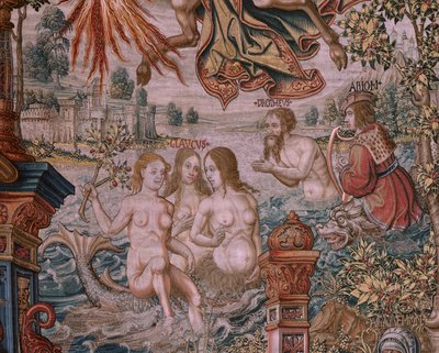 Vlaamse wandtapijt. Serie De Eerbewijzen. Roem. Derde wandtapijt in de serie. Model Cartonisten uit de kring van Bernard van Orley en Jan Gossaert (Mabuse). Manufacture Pieter van Aelst, Brussel. Ca 1550. door Bernaert van (circle of) Orley