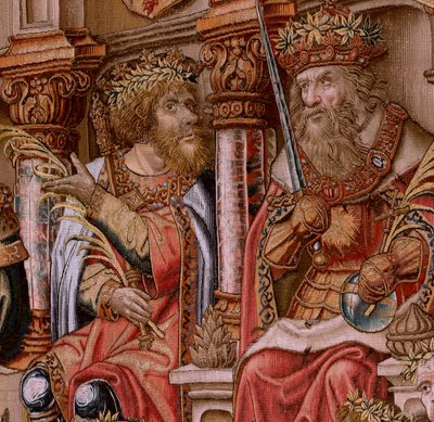 Vlaamse wandtapijt. Serie De Eerbewijzen. Eer. Tweede wandtapijt in de serie. Model Cartonisten uit de kring van Bernard van Orley en Jan Gossaert (Mabuse). Manufacture Pieter van Aelst, Brussel. Ca 1550. door Bernaert van (circle of) Orley