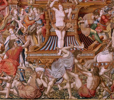Vlaamse wandtapijt. Serie De Eerbewijzen. Schande. Zesde wandtapijt in de serie. Model Cartonisten uit de kring van Bernard van Orley en Jan Gossaert (Mabuse). Manufacture Pieter van Aelst, Brussel. Ca 1550. door Bernaert van (circle of) Orley