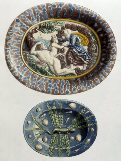 God creëert Eva uit Adams dij; Hagedis - Keramische schotels, in "The work of Bernard Palissy" door C. Delange en C. Borneman, Parijs door Bernard (after) Palissy