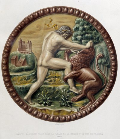 Simson vecht met de leeuw - bas-reliëf in keramiek, in "The work of Bernard Palissy" door C. Delange en C. Borneman, Parijs door Bernard (after) Palissy