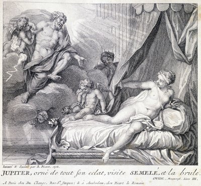Jupiter (Zeus) verbrandt Semele met zijn bliksem. Gravure uit de 18e eeuw naar de tekening van B. Picart gemaakt in 1708. door Bernard (after) Picart