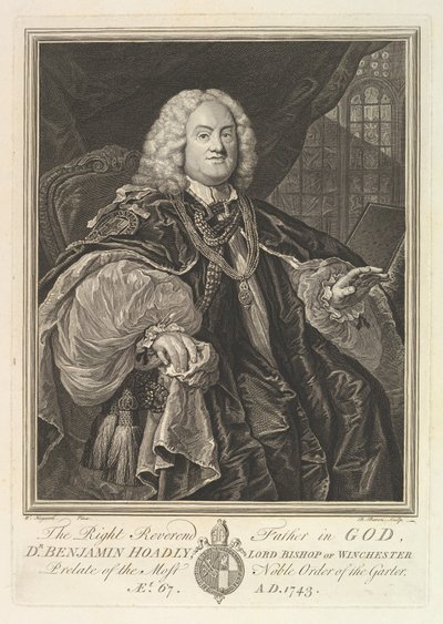 De Zeer Eerwaarde Vader in God, Dr. Benjamin Hoadly, Lord Bishop van Winchester, Prelaat ..., 1743 door Bernard Baron