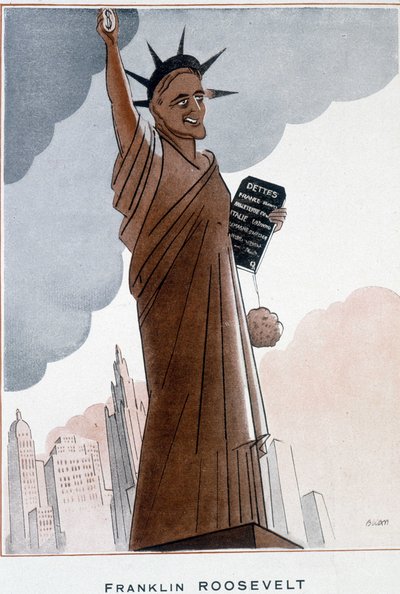 Cartoon van Franklin Roosevelt in Vrijheidsbeeld - Illustratie door Bernard Becan (Bernhard Kahn) (1890-1943) In “Fantasio” van 01/12/1932 door Bernard Becan