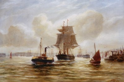 Stoomsleepboot sleept een schip bij de monding van de Tyne door Bernard Benedict Hemy