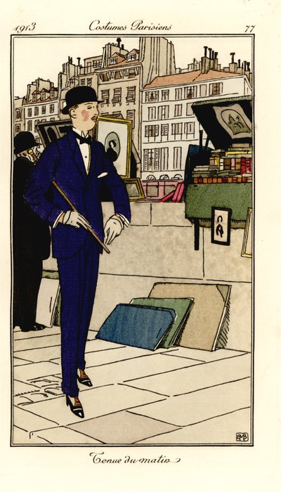Man in pak, bolhoed en wandelstok loopt langs bouquinistes aan de Seine. Tenue du matin. Handgekleurde pochoir (stencil) ets naar een illustratie van Bernard Boutet de Monvel uit Tommaso Antongini’s Journal des Dames et des Modes, Aux Bureaux du Journa door Bernard Boutet de Monvel