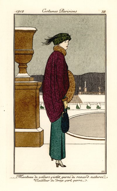 Vrouw in violette fluwelen cape met vossenbont, pak van flesgroene wol, beenkappen door Bernard Boutet de Monvel